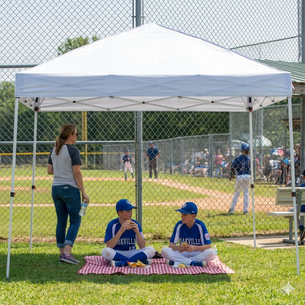 Sideline ShadePro™ — 10’×10’ Pop-Up Canopy Tent with Wheeled Bag & Sandbags