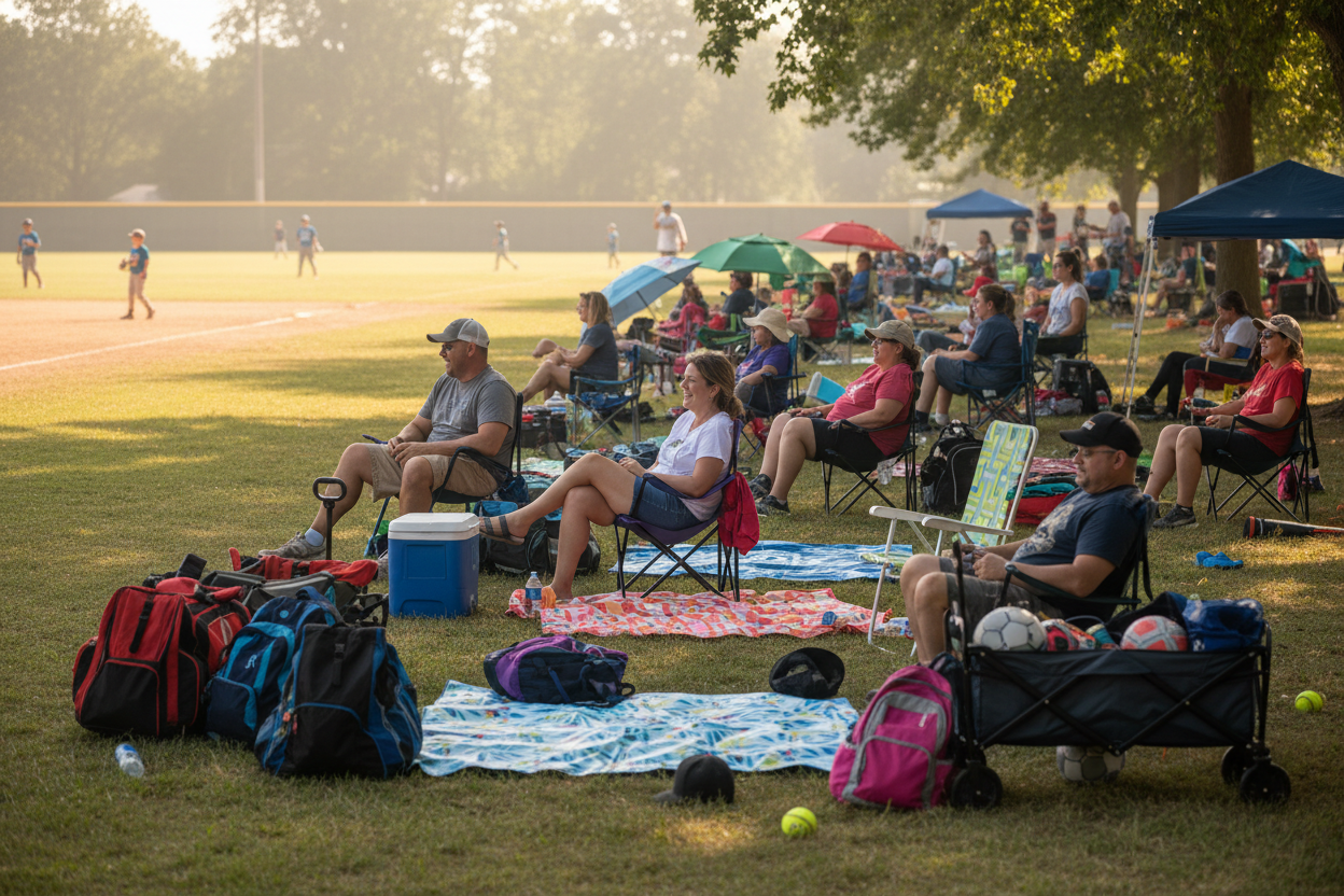 Family-oriented youth sports spectators at outdoor tournament