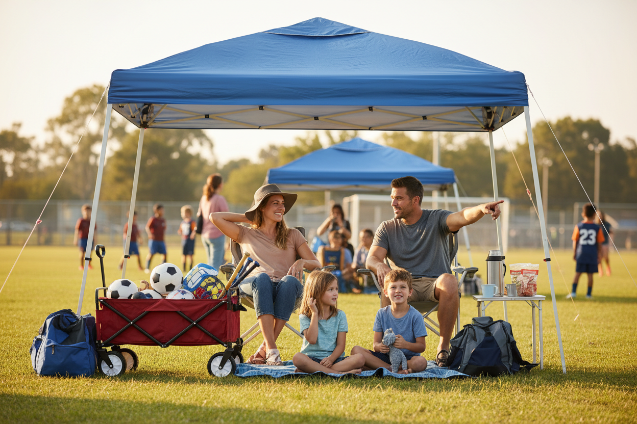 Youth sports sideline scene with parents and kids